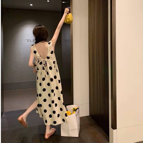 Polka Dot Sleeveless Long Side Slit Casual Dress